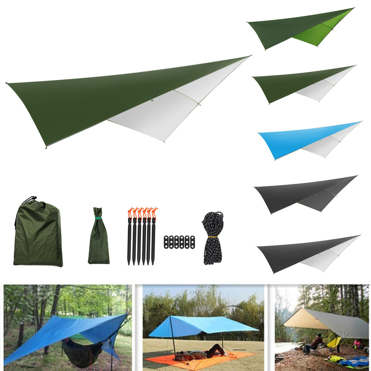Outdoor Tent Sunshade Portable Hammock Rain Fly Waterproof Tent Tarp Camping Backpacking Tarp - Army Green