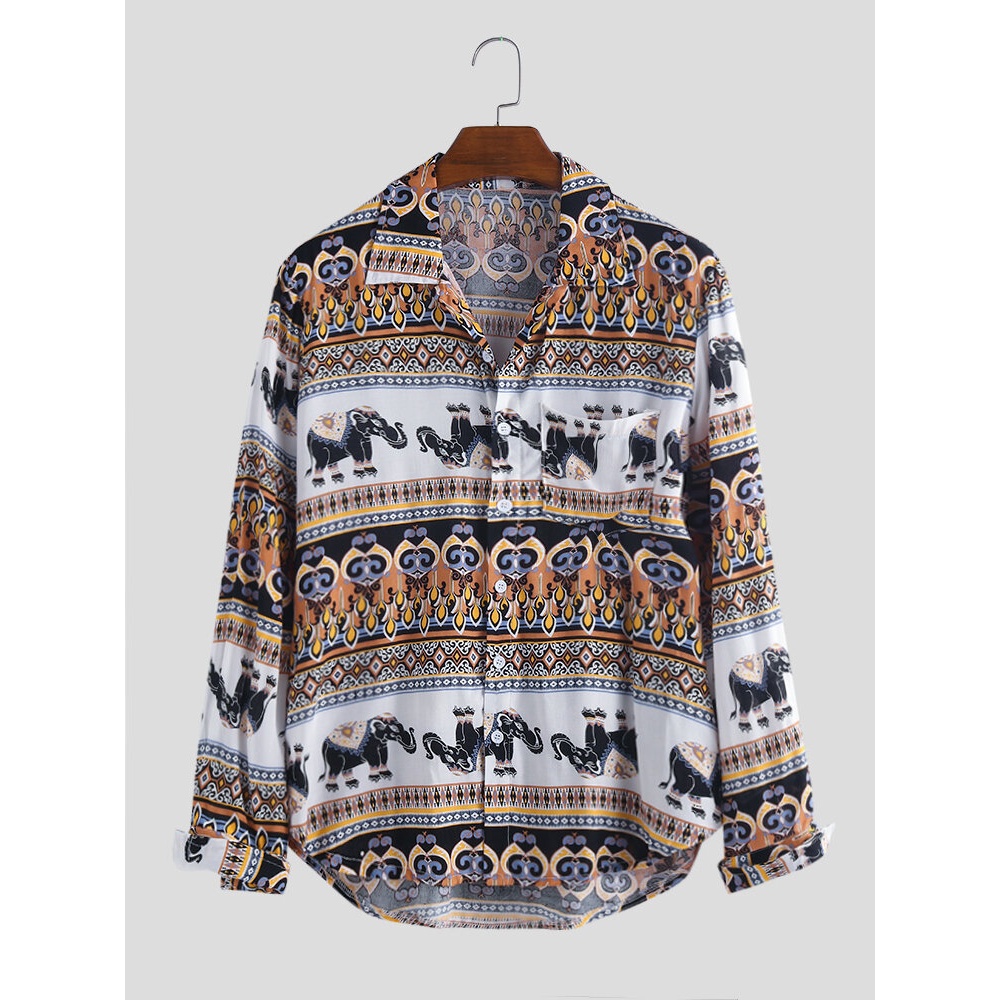 Mens Ethnic Elephant Printing Long Sleeve Casual Shirts - M Red