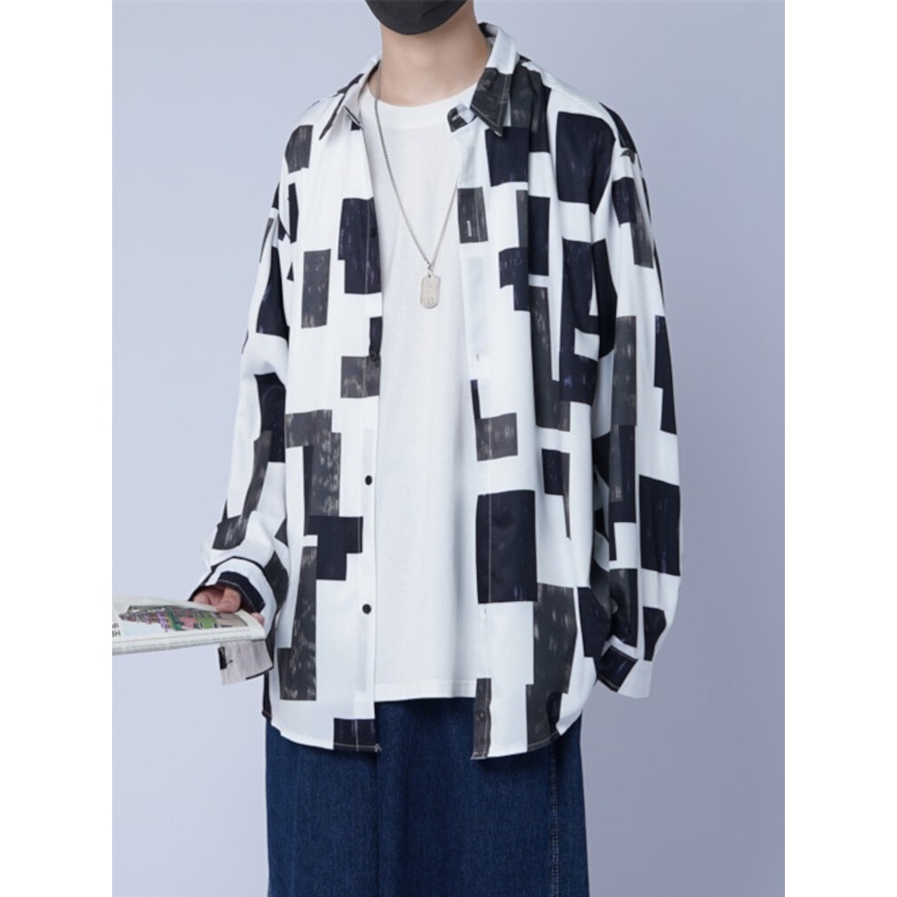 Mens Cotton Color Block Lapel Geometric Casual Shirt - Black 2XL