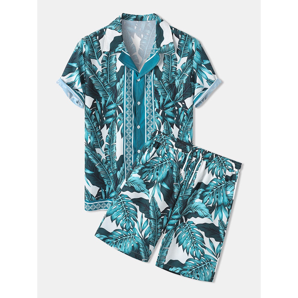 Mens Revere Collar Tropical Leaf Pattern Baroque Two Piece Outfits - Green S