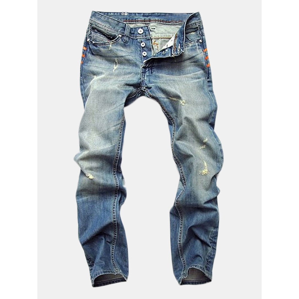 Ripped Fold Stitching Straight Washed Jeans - 30 Blue