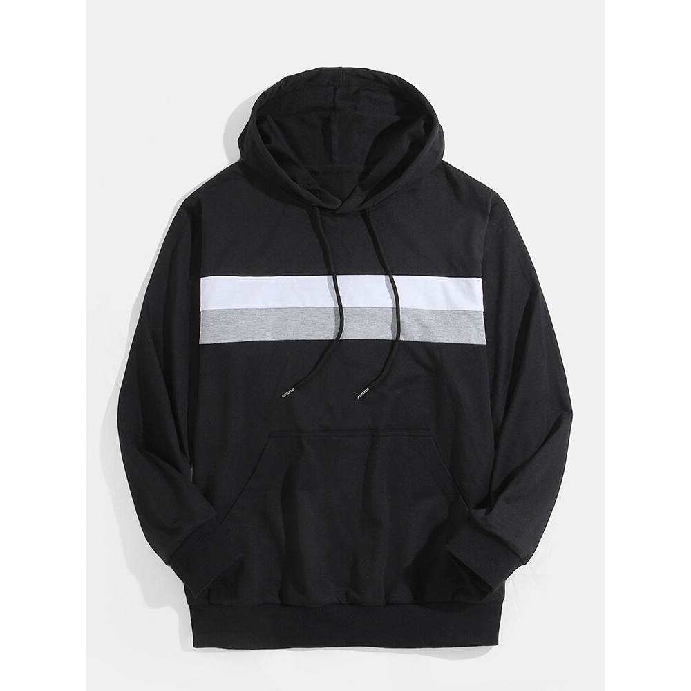 Men Patchwork Stripe Long Sleeve Black Hoodies With Kangaroo Pocket - M Black