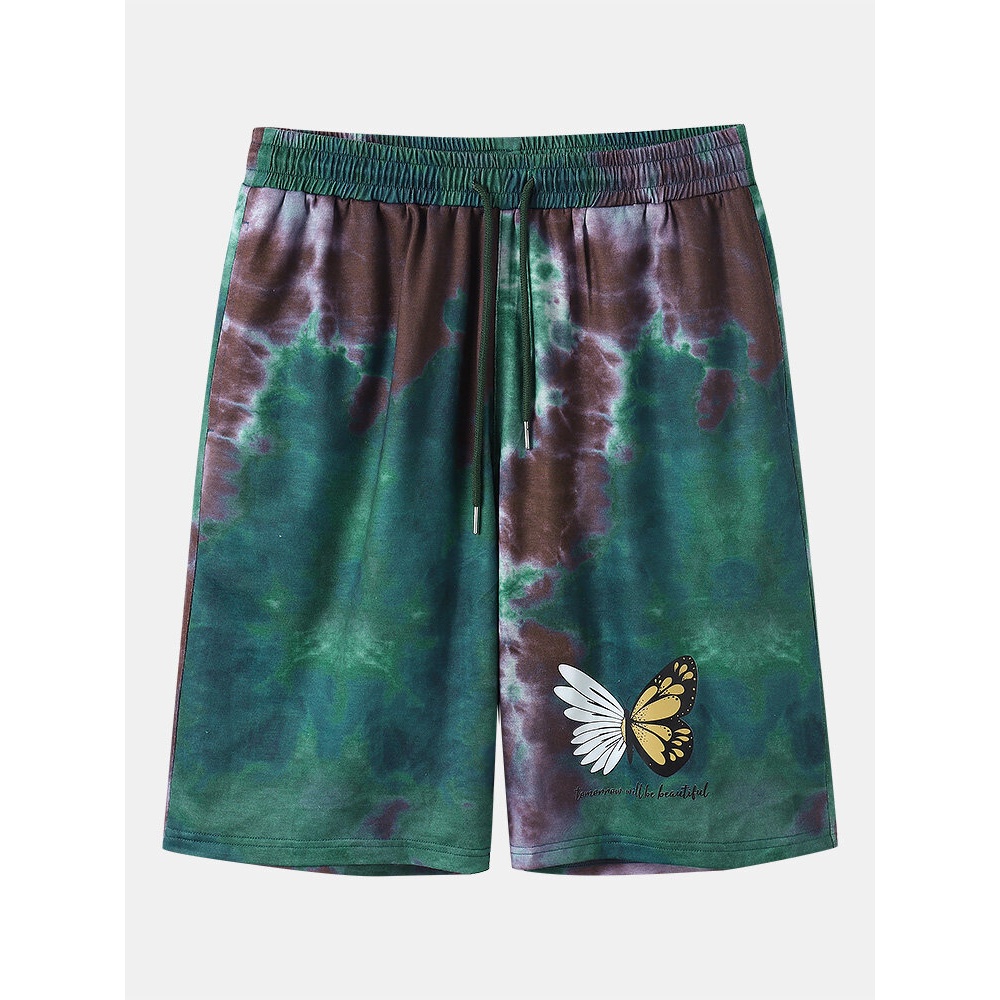 Mens Tie Dye Butterfly Print Elastic Waist Shorts - Green S