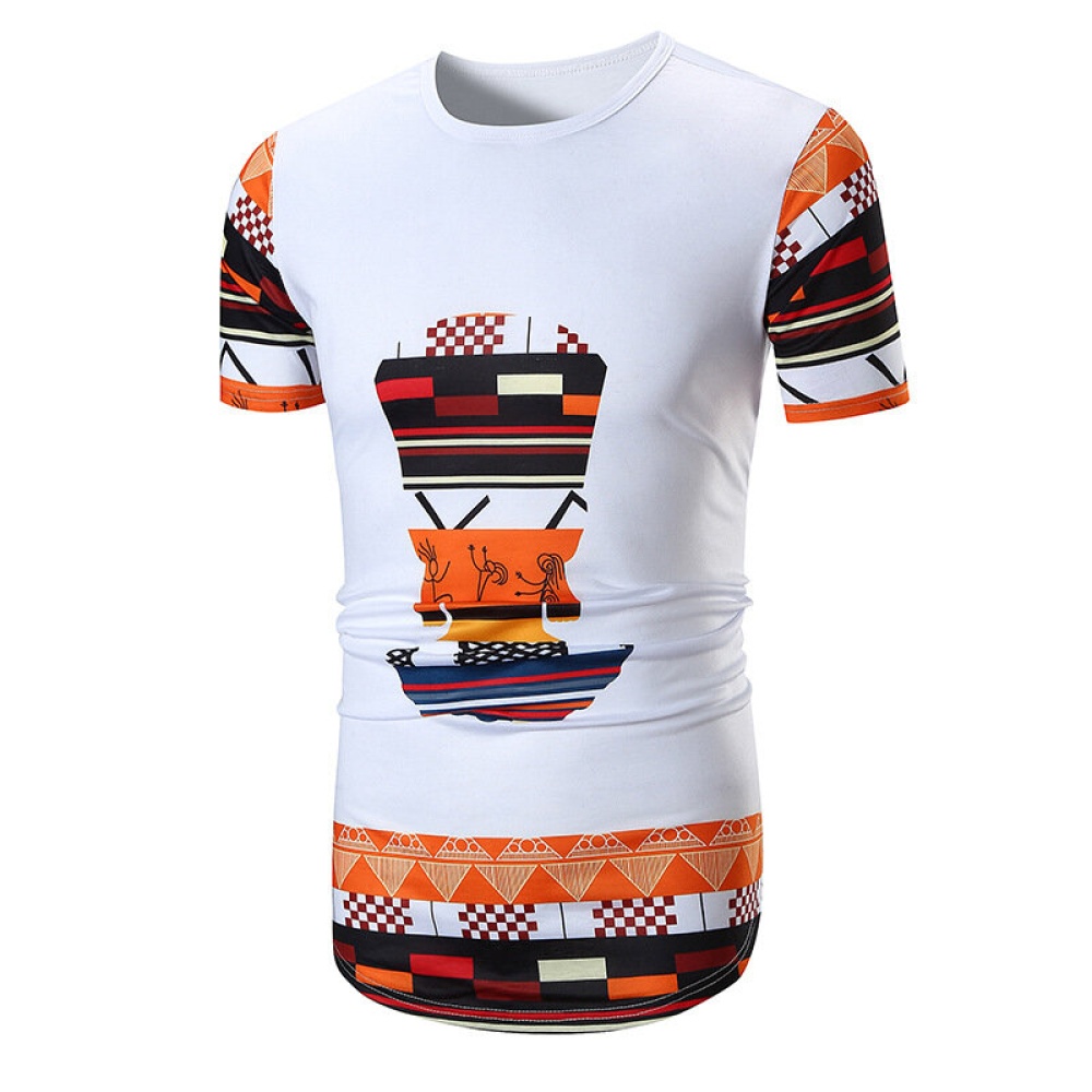 Men's Ethnic Style Printing Totem Circular Hem T-shirts - L Black