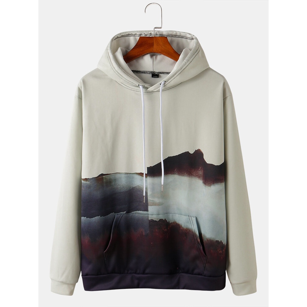 Mens Mountain Scenery Print Kangaroo Pocket Drawstring Pullover Hoodies - Grey M