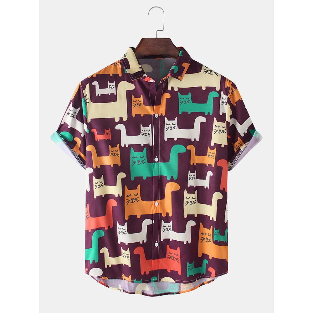 Mens Funny Cartoon Cat Printed Casual Short Sleeve Shirts - Brown S
