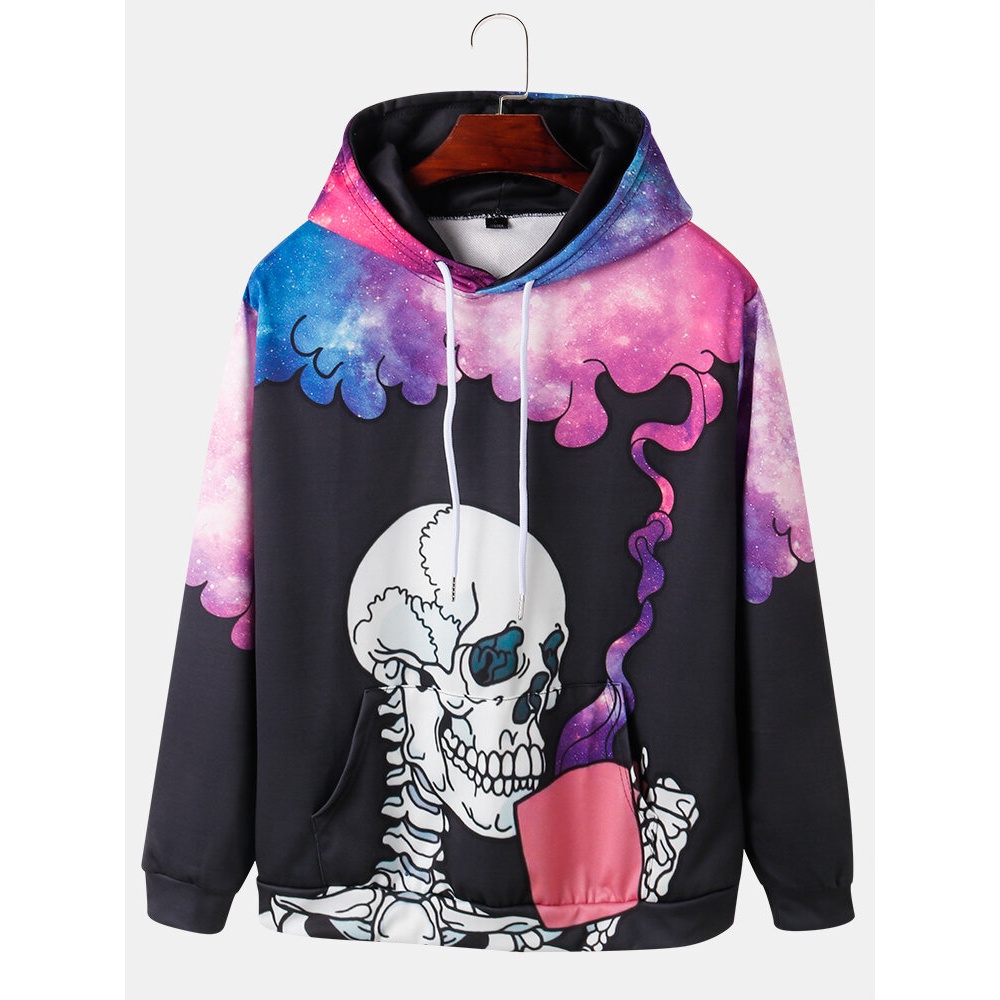 Mens Starry Sky Skeleton Print Long Sleeve Street Hoodies - Black XL