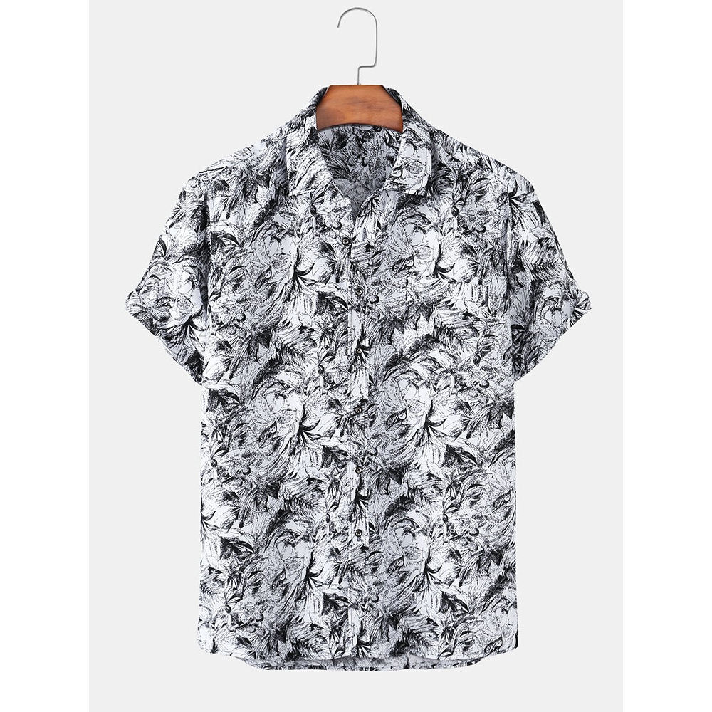 Banggood Special Offers Casual Tree Print Lapel Short Sleeve Shirts - Yellow M