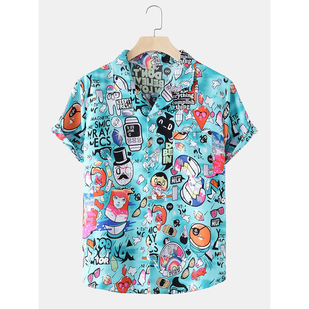 Mens Cotton Cartoon Print Revere Collar Short Sleeve Shirt - Blue L