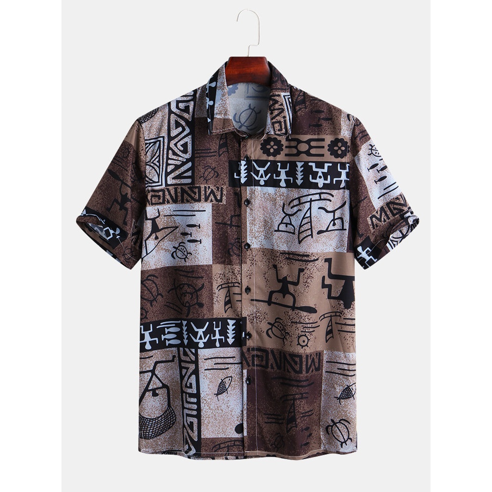 Mens Summer Holiday Graffiti Plaid Pattern Printed Shirts - 3XL Green