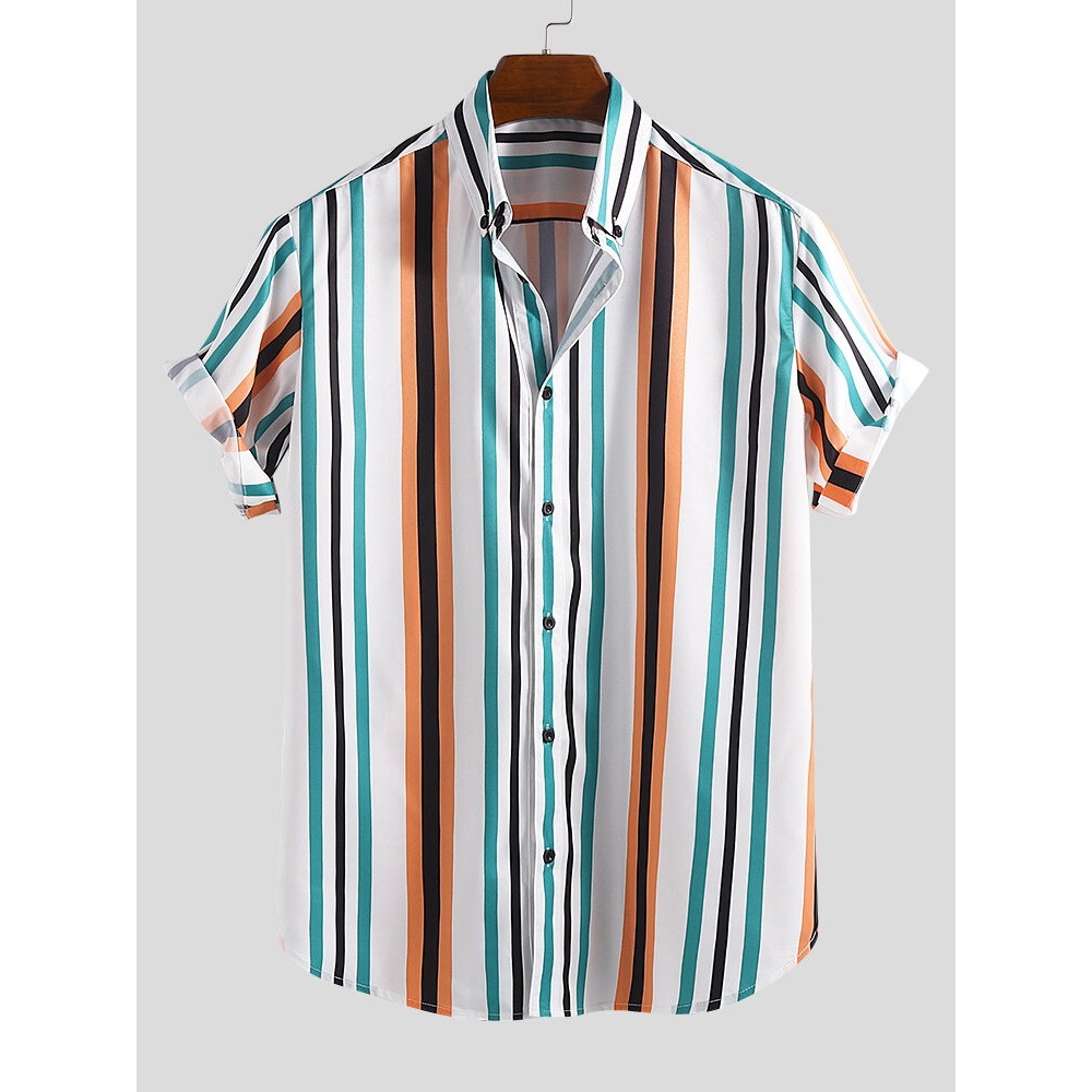 ChArmkpR Men Colorful Vertical Stripe Short Sleeve Relaxed Shirts - 3XL Green