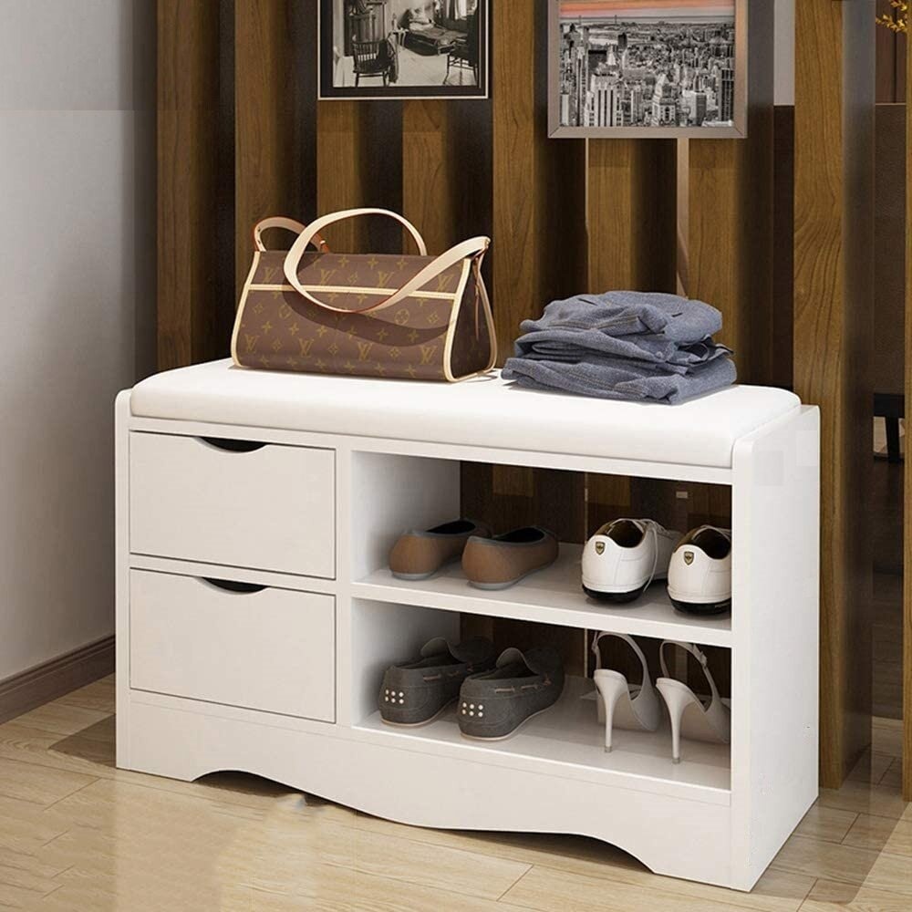 2 Layers Shoe Rack Shoes Bench Storage Cabinet Shoe Organizer Multifunctional Wooden Seat Stool with 2 Drawers - White - Image 2