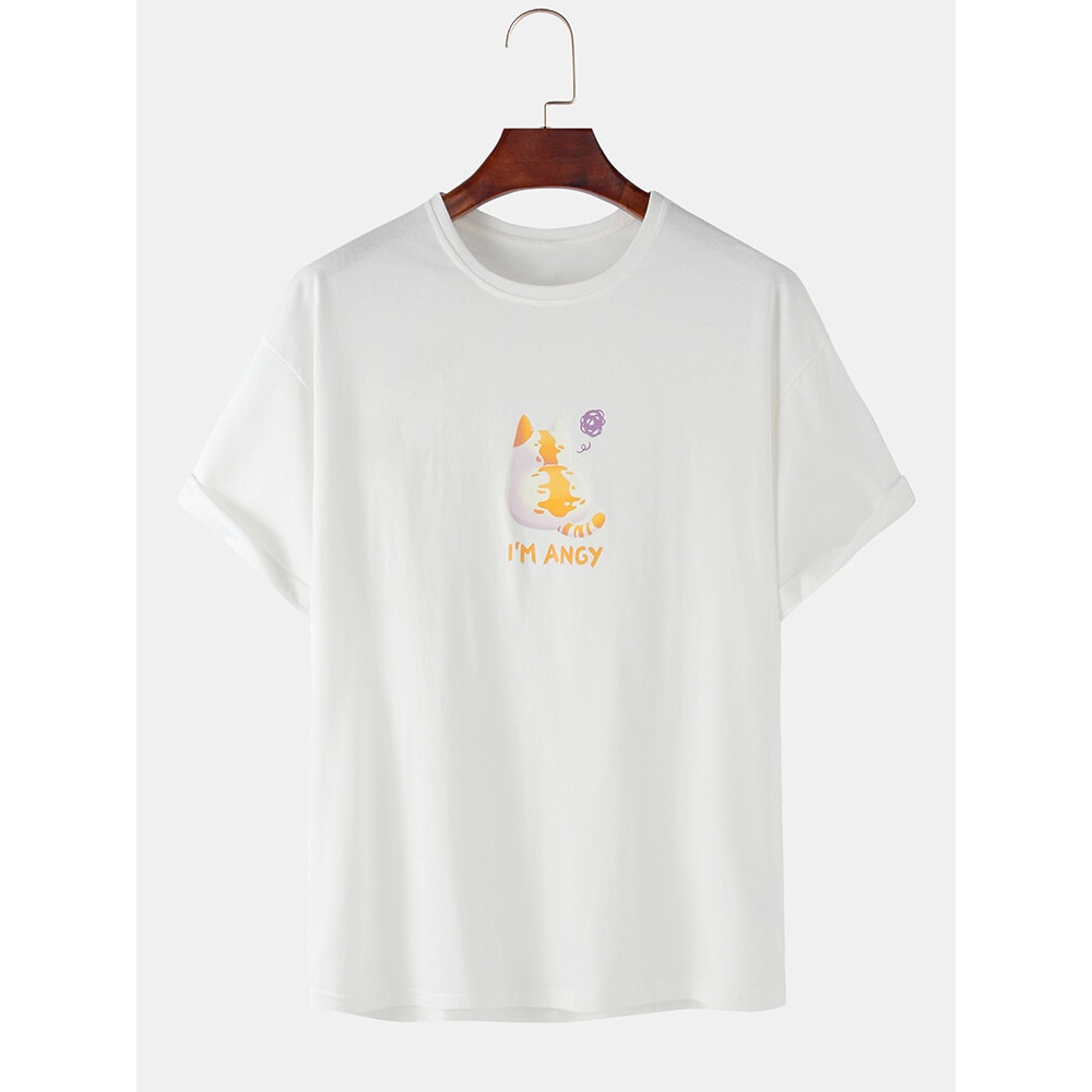 Cotton Cute ANGY Cat Print Breathable Round Neck Short Sleeve T-Shirts - Black M