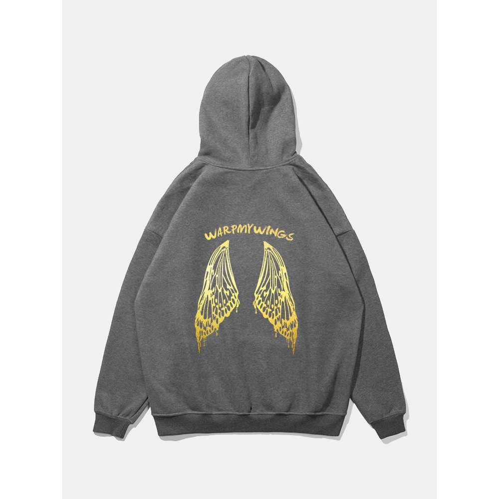 Mens Plain Cotton Wing Back Print Loose Hoodie With Kangaroo Pocket - White M