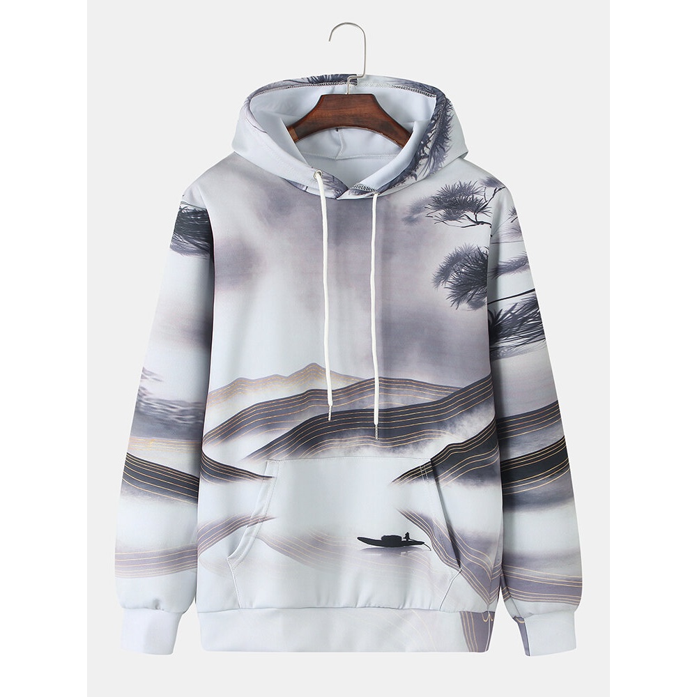 Mens Chinoiserie Ink Landscape Painting Print Kangaroo Pocket Hoodies - White S