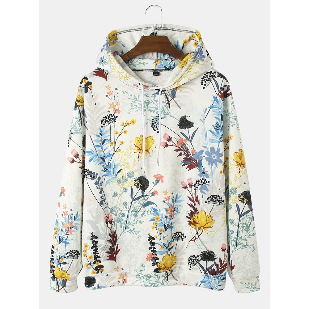 Mens Plant Floral Print Kangaroo Pocket Street Drawstring Hoodies - White M