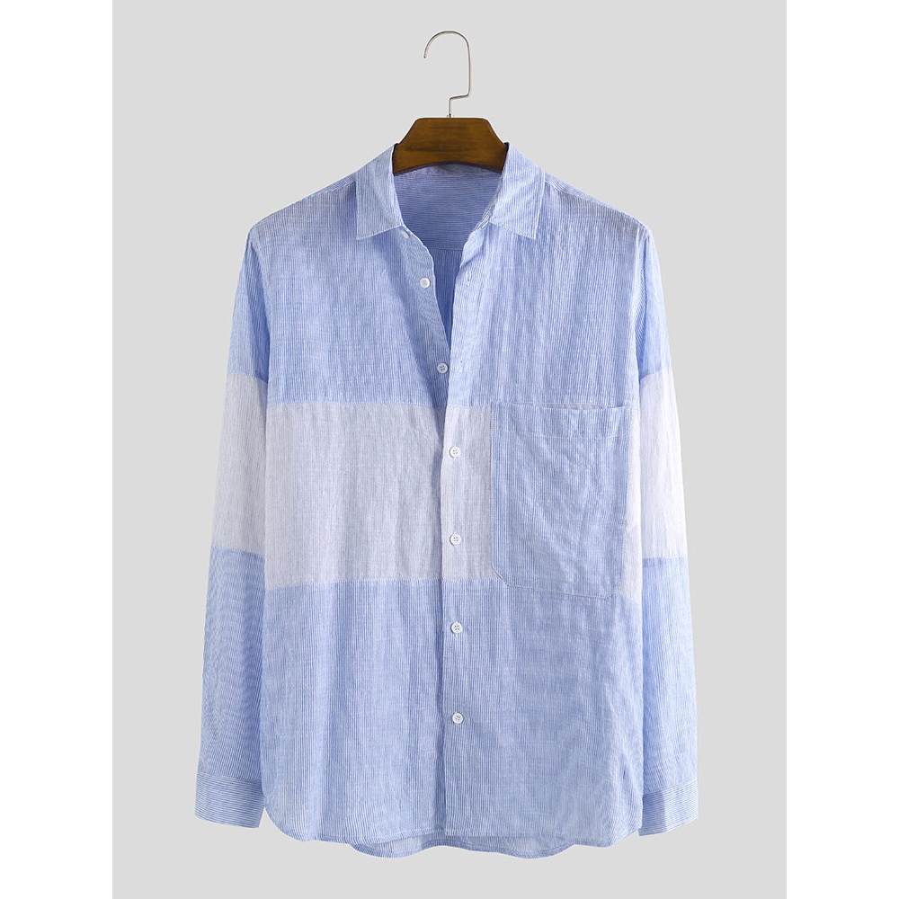 Mens Autumn 100% Cotton Big Pocket Long Sleeve Shirts - M Blue