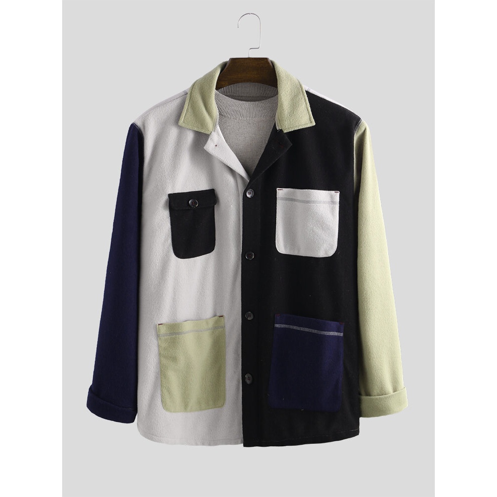 Men Fashion Restoring Ancient Ways Multi-pocket Patchwork Long Sleeve Shirts - L Blue