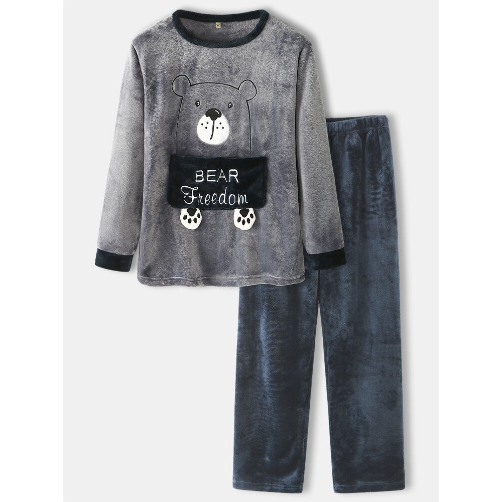 Mens Flannel Cartoon Bear Letter Pattern Round Neck Thick Home Pajamas Sets - Grey S