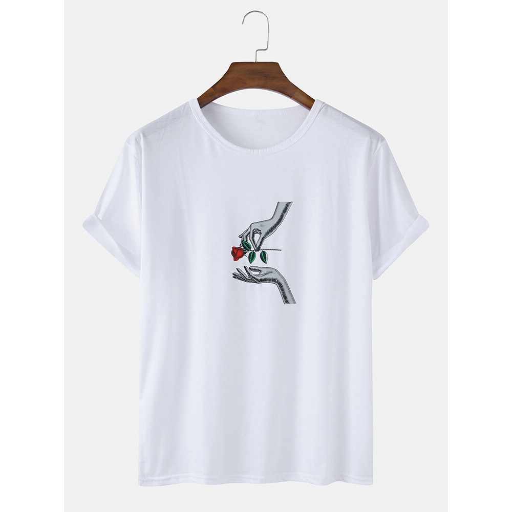 Funny Flower Gift Gesture Print Loose Crew Neck Short Sleeve T-Shirts - White S