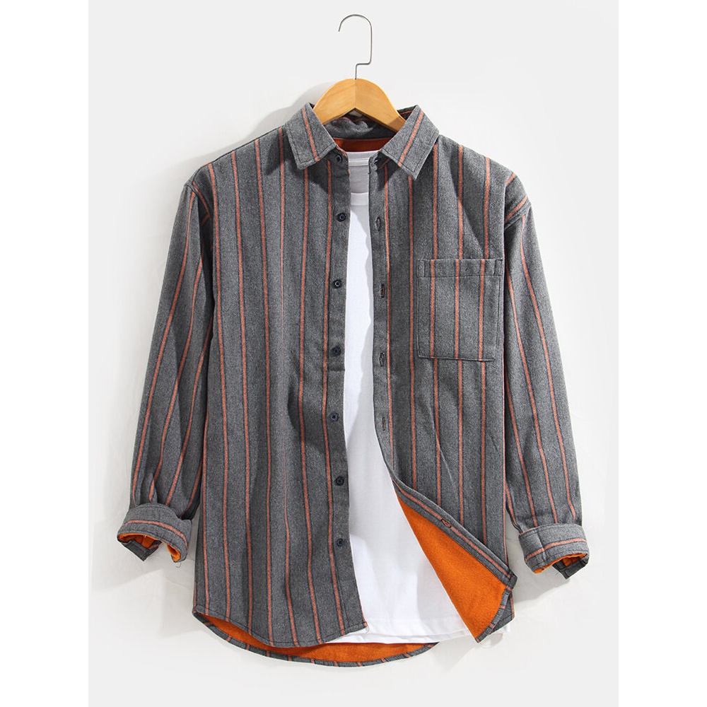Mens Stripe Warm Thick Lined Pocket Long Sleeve Lapel Shirts - Grey S