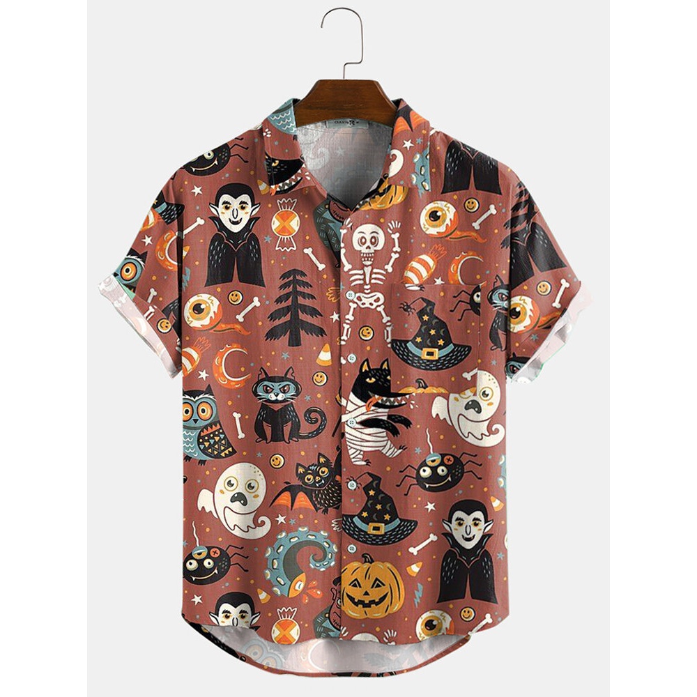 Cartoon Funny Print Turn Down Collar Short Sleeve Shirts - Yellow S
