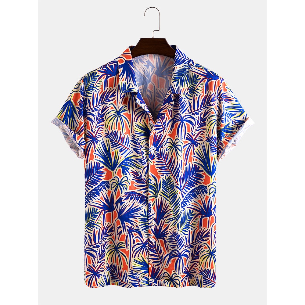 Mens Tropical Plant Leaf Print Light Casual Revere Collar Short Sleeve Shirts - Purple L