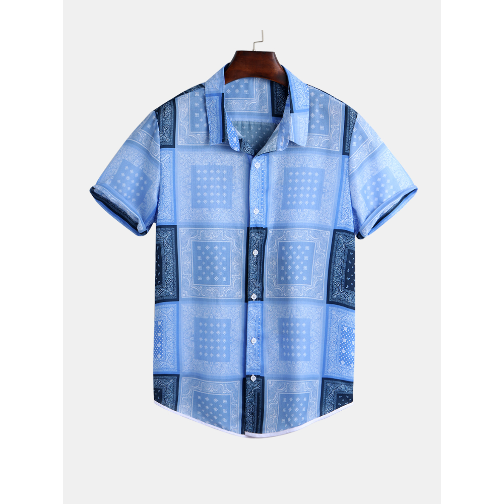 Mens Retro Geometric Printed Short Sleeve Casual Shirts - M Blue