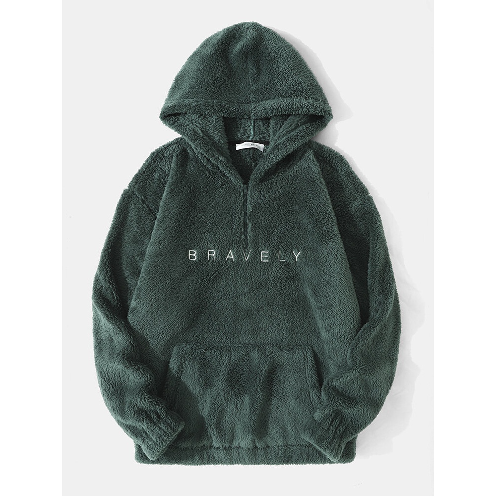 Men Teddy Plush Letter Kangaroo Pocket Zip Elastic Hem Hooded Sweatshirt - Green S