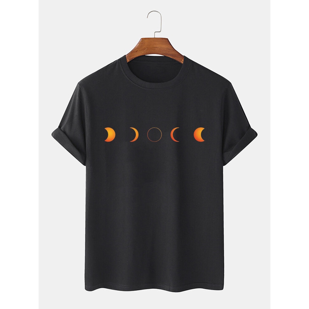 Cotton Designer Lunar Eclipse Print Breathable Short Sleeve T-Shirts - Black S