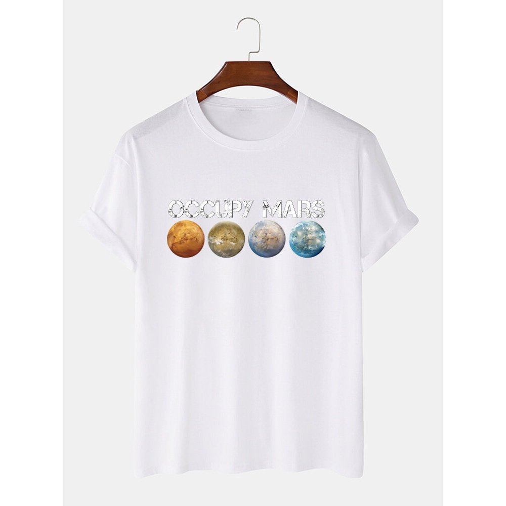 Mens 100% Cotton Planet Printed Round Neck Casual Short Sleeve T-Shirts - Khaki L