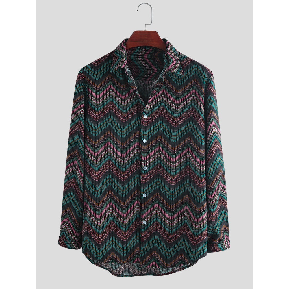 Mens Autumn Wave Printed Long Sleeve Casual Shirts - M Yellow