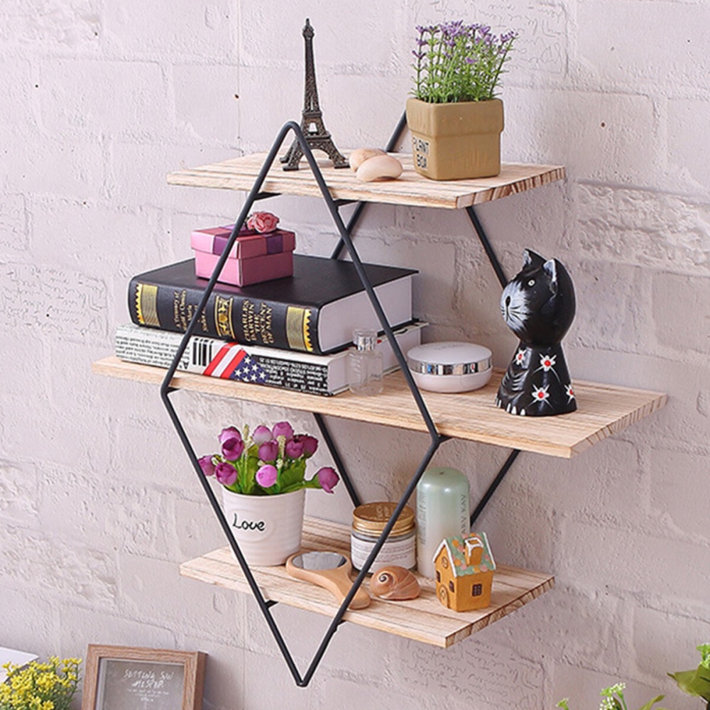 Rhombus Wall Unit Retro Wood Industrial Style Metal Shelf Rack Storage Black Net - Image 2