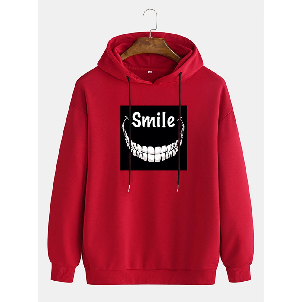 Cotton Funny Teeth Smile Print Mens Drop Shoulder Long Sleeve Hoodies - White M
