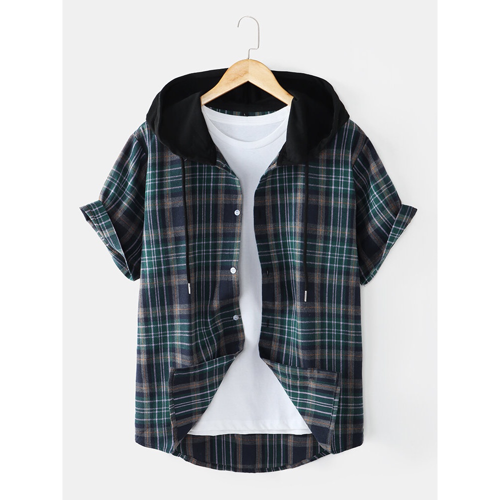 Mens Plaid Button Front Short Sleeve Casual Drawstring Hooded Shirts - Blue S
