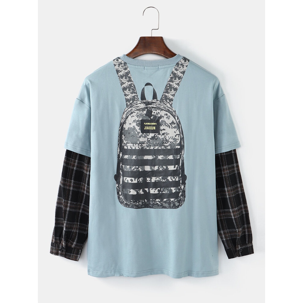 Mens Backpack Graphic Back Print Patchwork Plaid Faux Twinset Pullover Sweatshirt - Black L