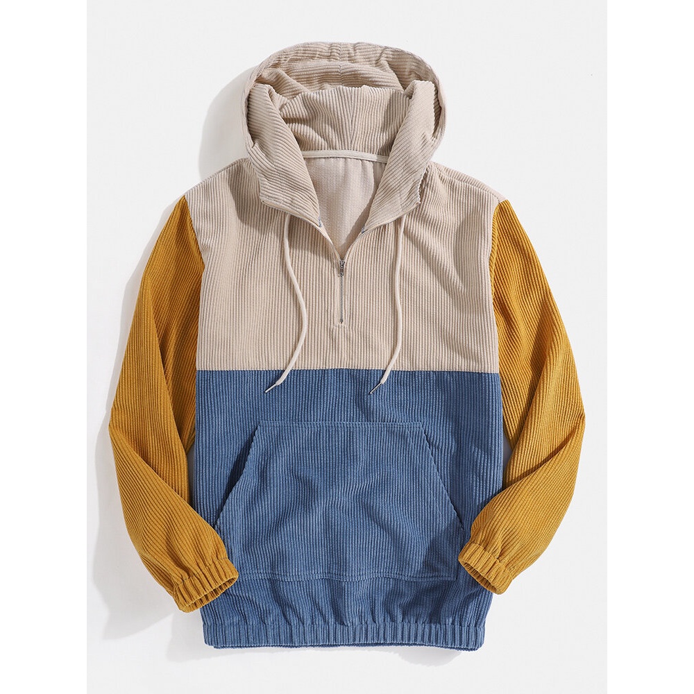 Mens Corduroy Patchwork Kangaroo Pocket Bodycon Hem Drawstring Hoodies - Apricot S