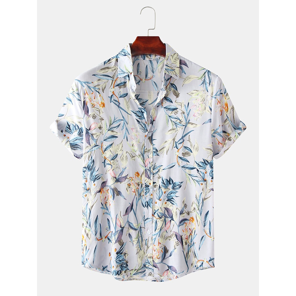 Men Color Block Leaves Floral Print Turn Down Collar Hawaii Style Short Sleeve Shirts - Light Blue L
