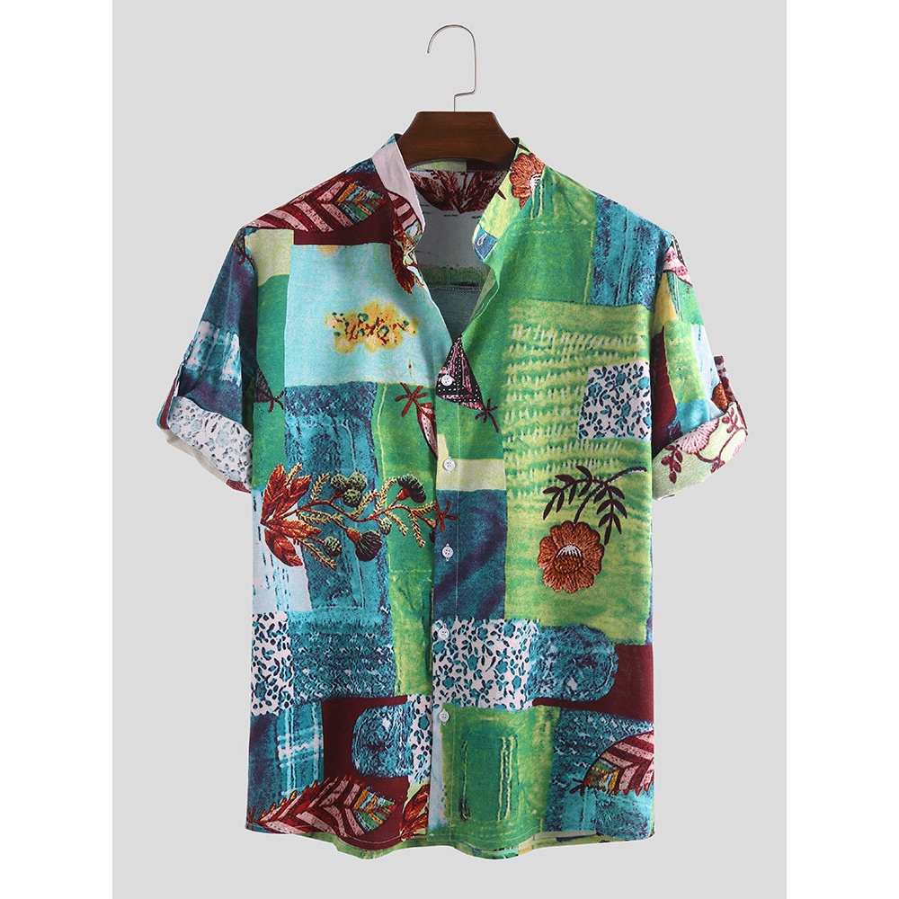 Mens National Floral Printed Cotton Half Sleeve Shirts - M Red