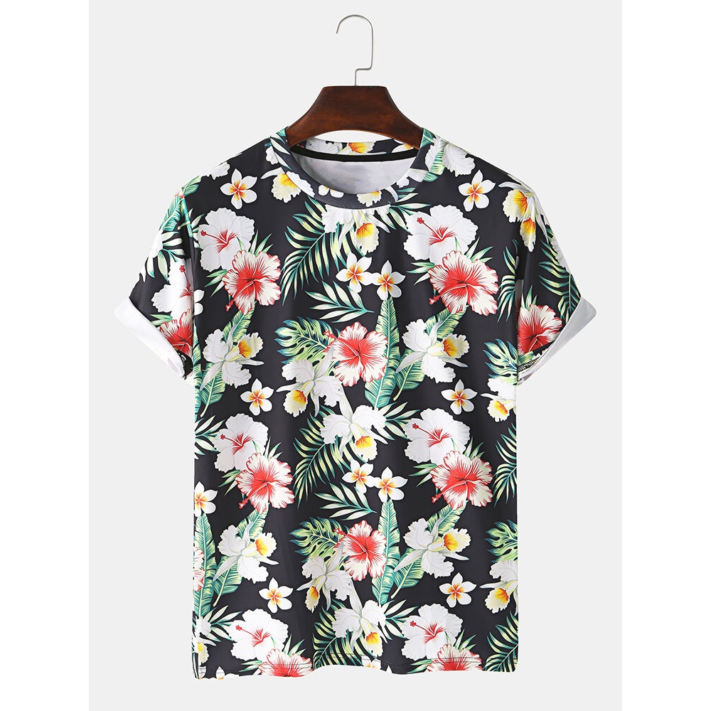 Men Tropical Floral Print Short Sleeve Holiday T-Shirt - Black S