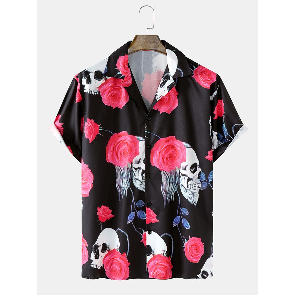 Mens Rose & Skull Print Revere Collar SHort Sleeve Shirt - Black S