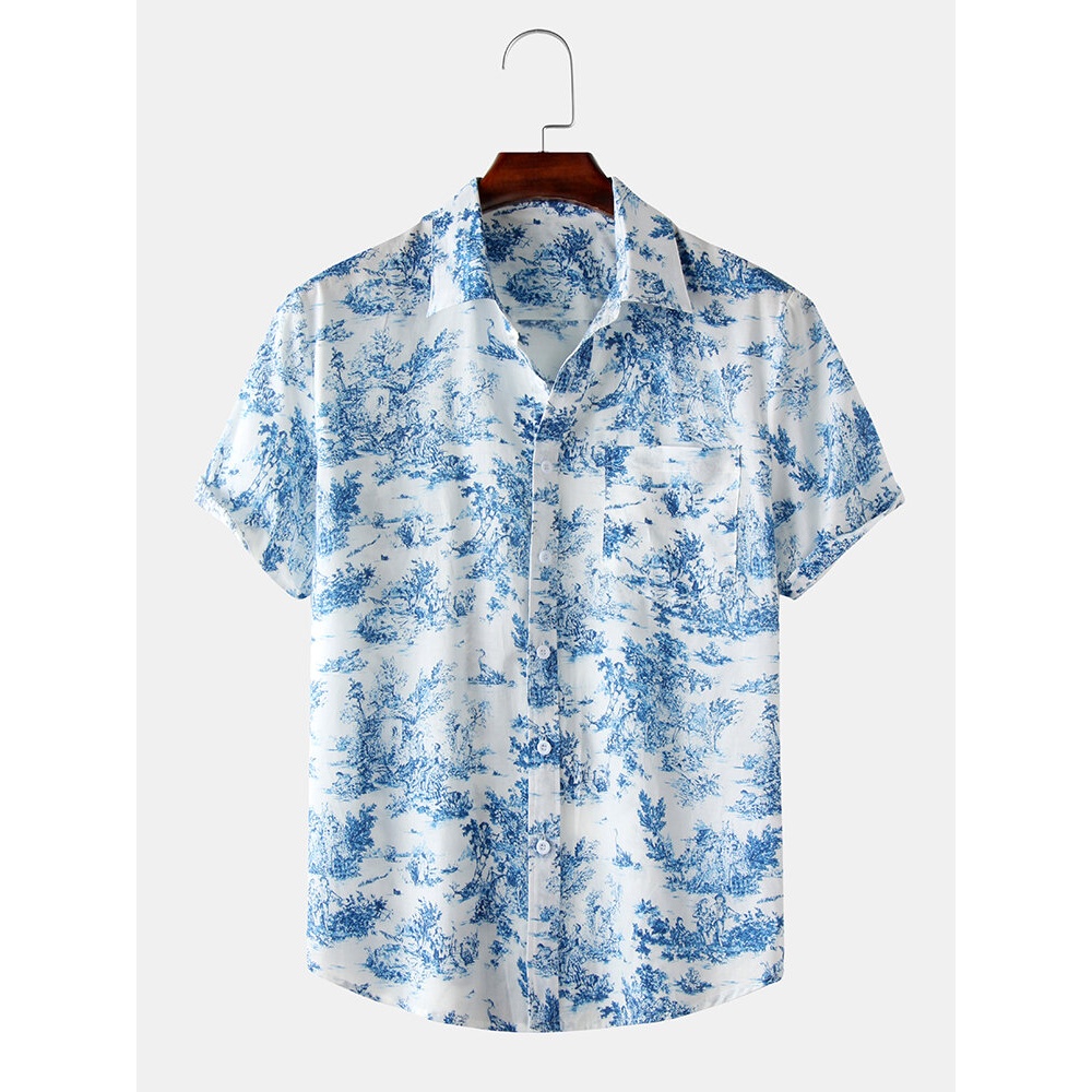 Mens Toile De Jouy Porcelain Printed Short Sleeve Turn Down Collar Casual Shirts - Blue 2XL