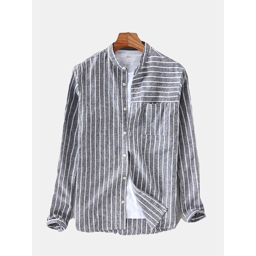 Mens Vintage Cotton Breathable Striped Loose Comfy Shirts - 3XL Light Blue