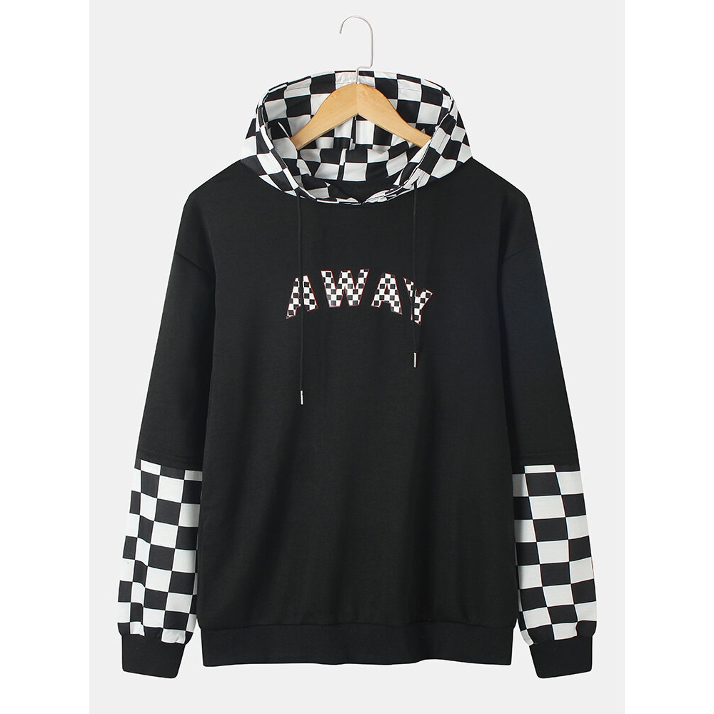 Mens Letter Patchwork Check Faux Twinset Long Sleeve Black Hoodies - Black S