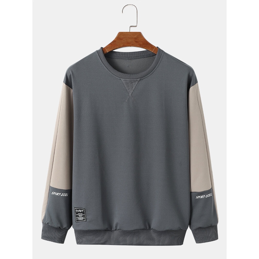 Men Color Block Letter Round Neck Pullover Long Sleeve Sweatshirt - Grey L