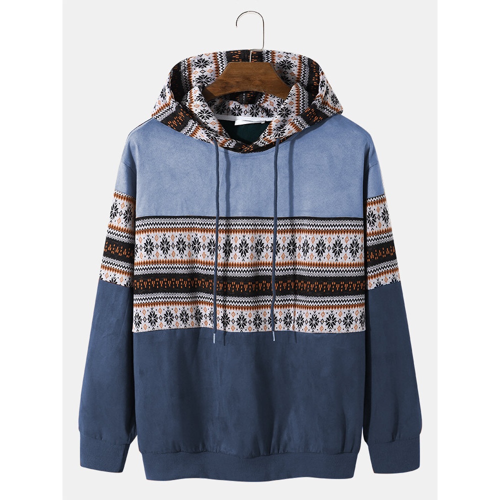 Men Floral Patchwork Contrast Color Drawstring Hooded Sweatshirts - Rust S
