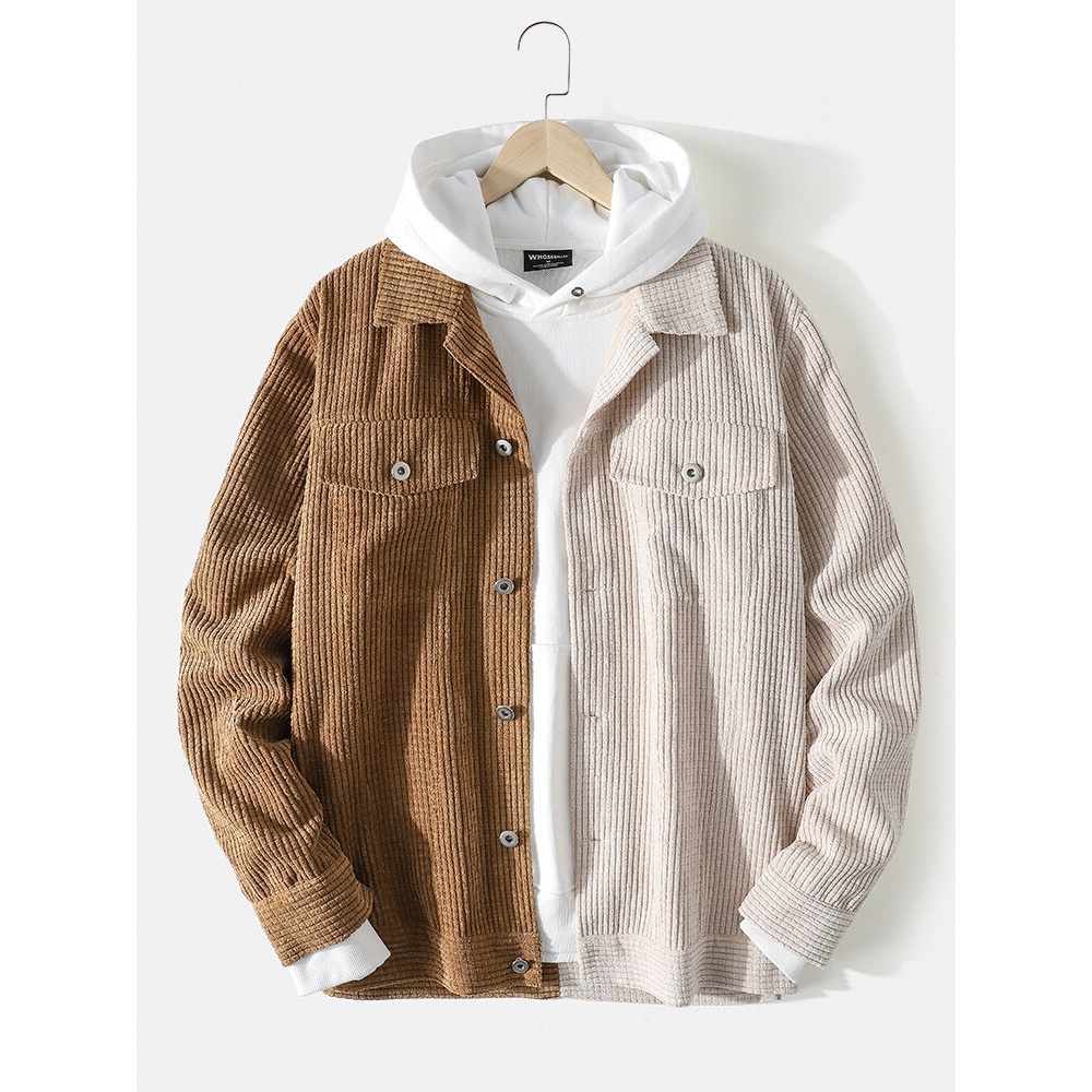 Mens Two Tone Patchwork Chest Double Pocket Texture Long Sleeve Overshirt - L Beige