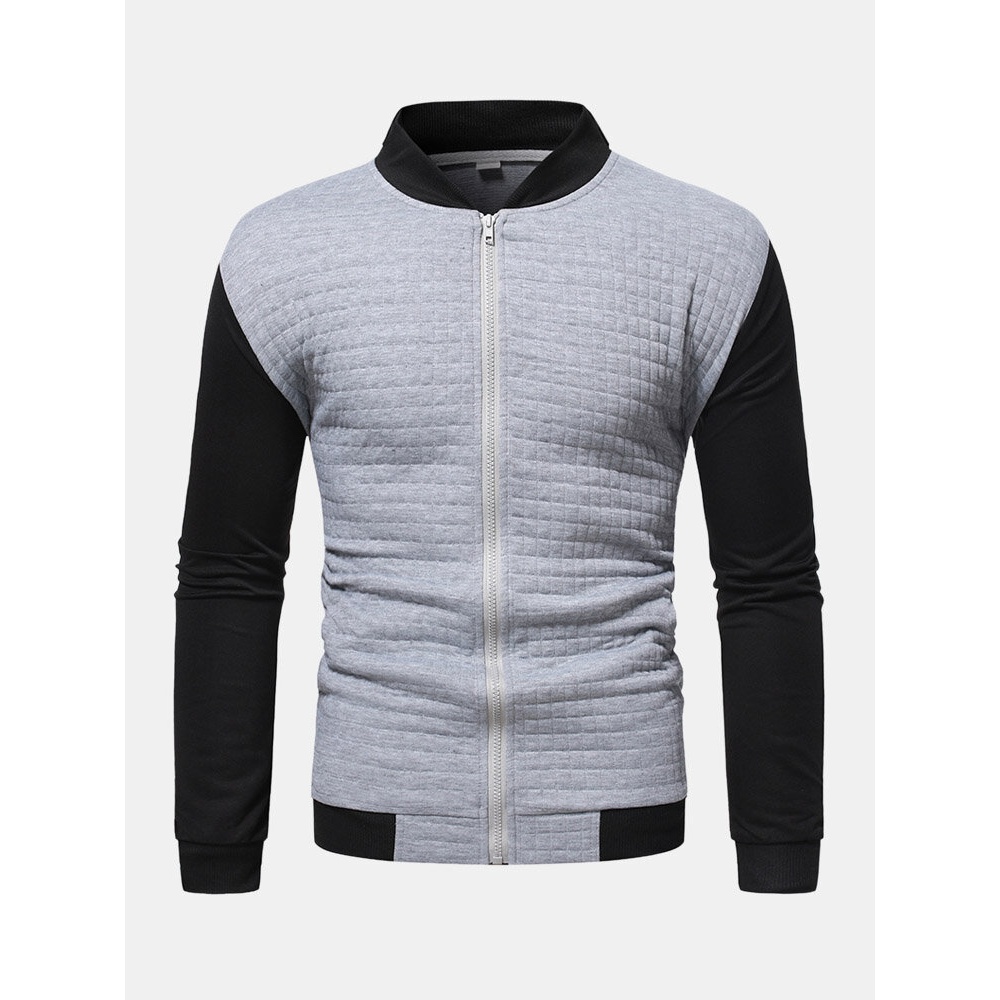 Men Waffles Stand Collar Patchwork Color Block Pockets Sweatshirt - Grey M