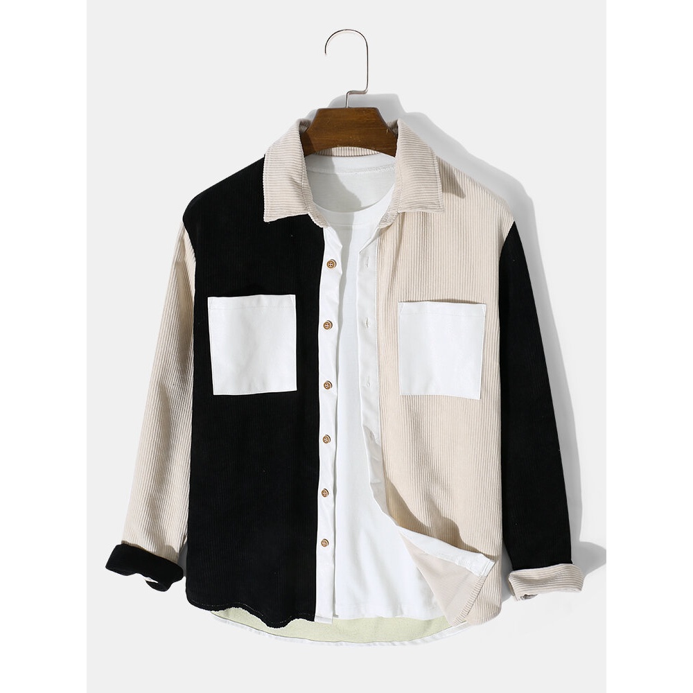 Mens Casual Corduroy Pocket Long Sleeve Shirts - Apricot 2XL