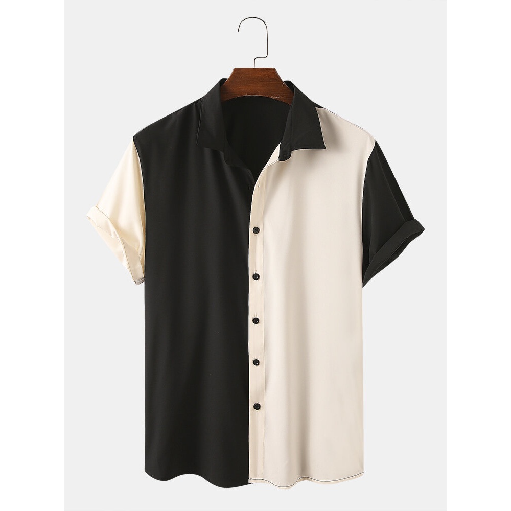 Men Designer Solid Color Patchwork Short Sleeve Casual Shirts - Black S